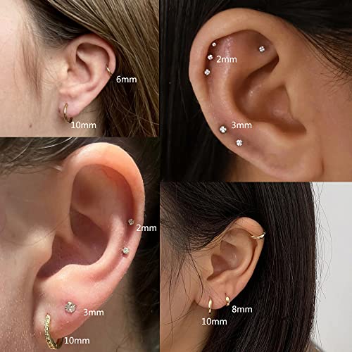 FINREZIO 8 Pairs Stainless Steel Earrings Sets for Multiple Piercing, Small Huggie Hoop Earrings Flat Back Tiny Ball CZ Stud Earring, 14K Gold Plated Cartilage Helix Earrings Inner Diameter 6-12MM, CZ Diameter 2-3MM - Thumbnail 5