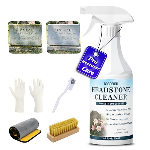 Headstone Cleaner for Graves Effectively Removes Tough Moss & Dirt Stains Restores Natural Luster Gentle for Granite & All Stone Types Gravestone Cleaner Kit Includes 4-Piece Tool Set (16.9oz)