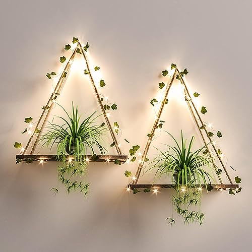 RICHER HOUSE Artificial Ivy LED-Strip Wall Hanging Shelves Set of 2, Macrame Shelf for Bedroom Living Room Kitchen, Wood Hanging Plant Shelves for Wall Décor, Thanksgiving & Christmas Decorations