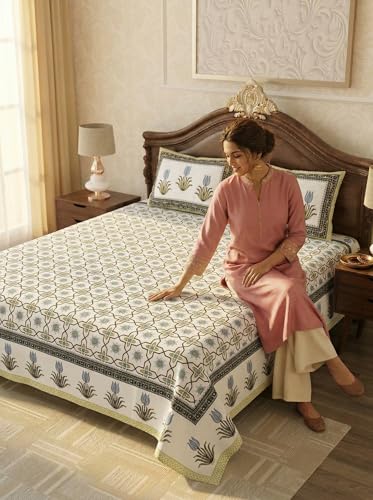 Image of Mafatlal 144 TC Sanskriti Cotton King Bedsheet | 90 x 108 Inches | Traditional Design | Smooth, Long-Lasting & Soft | 2 Pillow Covers | Formal Garden