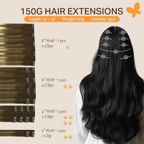 Image of DOORES Clip in Human Hair Extensions, Balayage Walnut Brown to Ash Brown and Bleach Blonde 24 Inch 9pcs 150g, Human Hair Extensions Clip in Extensions Human Hair Natural Thick Silky Straight