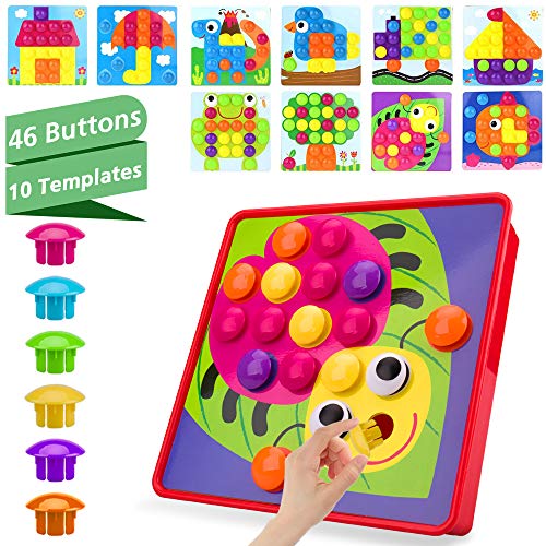 Gvoo Button Art Game, Colour Matching Mushroom Nails Pegboard Early Educational Shape Cognition Toys Gift for Kids, 10 Templates and 46 Button Nails