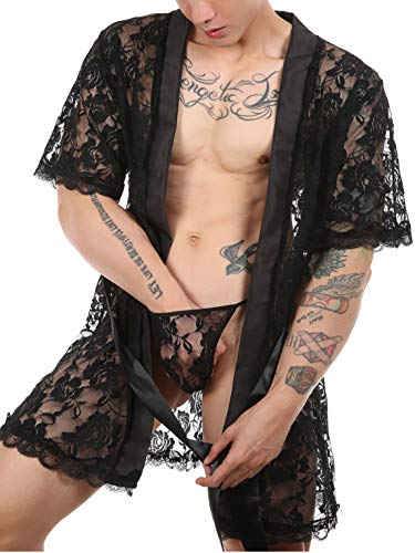 Doomiva Mens Sexy Bathrobe Lingerie Silk Lace Night Gown Robe Dress Sissy G-String Thong Underwear Black Large - Image 2