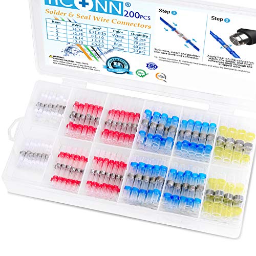 TICONN 200 Pcs Solder Seal Wire Connectors, Heat Shrink Butt Connectors, Waterproof and Insulated Electrical Wire Terminals, Butt Splice (200PCS)