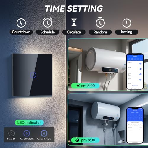 BSEED 40A Smart Wasserheizungsschalter, Wassererhitzerschalter mit Amazon Alexa and Google Home, intelligenter Heizungsschalter mit Glas Touchscreen Schwarz (Nullleiter erforderlich)