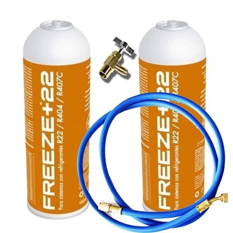 REPORSHOP - 2 Botellas Gas Refrigerante Freeze +22 400Gr + Valvula + Manguera Organico Sustituto R22, R404, R407C