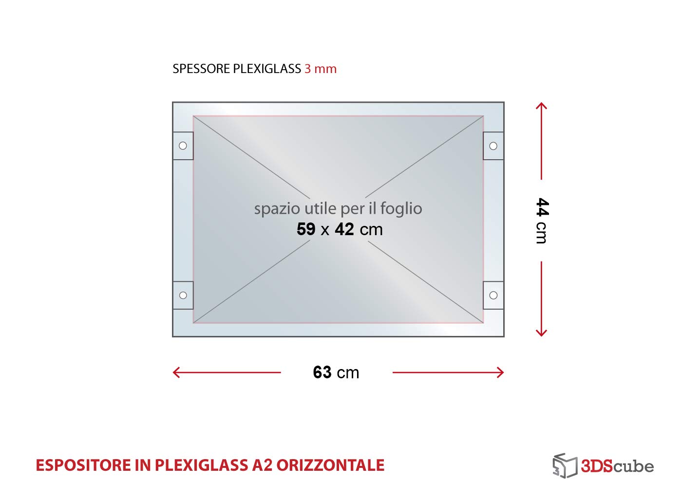 Espositore in plexiglass di ALTISSIMA qualità, da parete, targa a tasca apribile in plexiglass, porta avvisi e depliant formato A2 60x42 cm, completa di distanziali in alluminio (A2 Orizzontale)