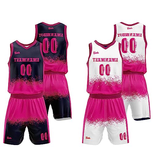 Custom Reversible Basketball Jersey for Man Women Uniform Suit Kids Adults Personalized Jersey (Navy-Hot Pink)