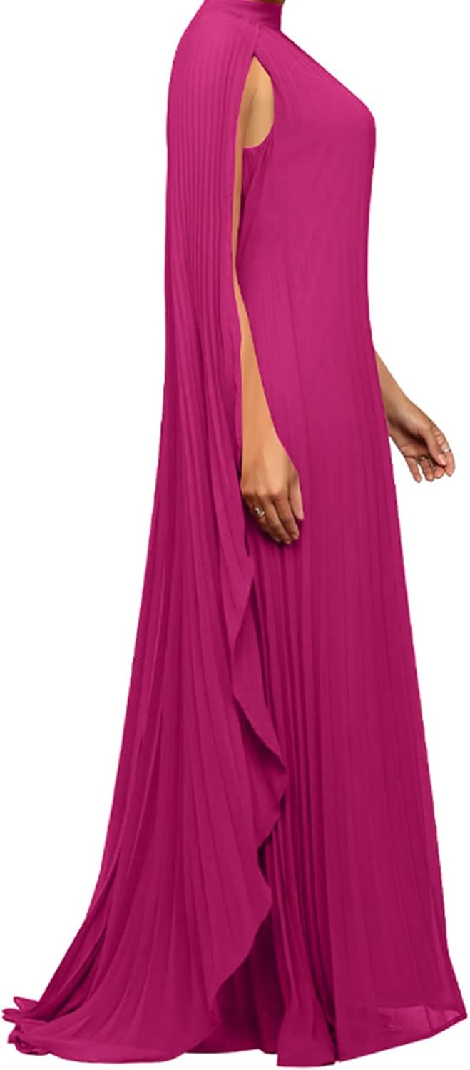 Seltaon Women's Chiffon Pleated Flowy Maxi Dresses Cape Sleeve Pleated Cocktail Evening Party Dress - Image 3