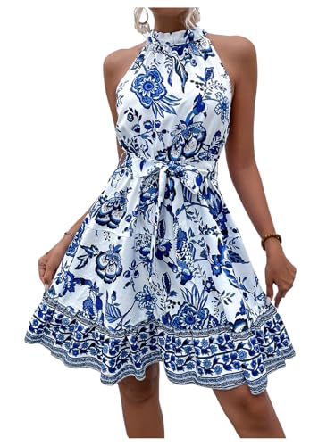 Floerns Women's Floral Sleeveless Halter Dress Flounce Hem Belted A Line Dresses