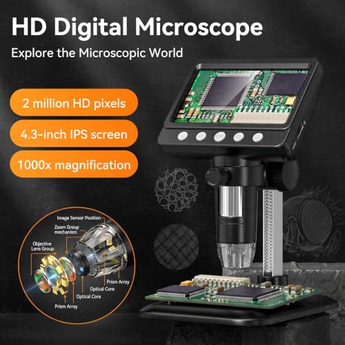 Image of Lukzer Digital Microscope 1000X Zoom with 4.3-Inch IPS LCD Screen, 1080P HD Video & Camara, 8 LED Lights, Type-C USB Portable Microscope for Industrial Use, PCB Soldering, Repairing & Jewelry