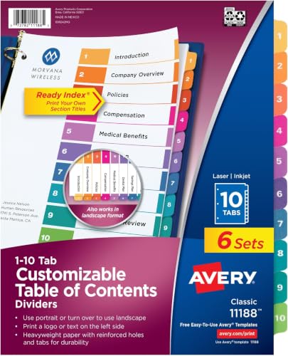 Image of Avery 10 Tab Dividers | Multicolor Tabs | Table of Contents | For 3 Ring Binders | Pack of 48