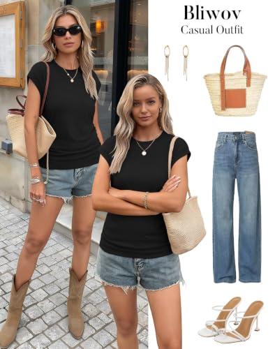 Image of Bliwov Womens Summer Tops Cap Sleeve Crew Neck Casual T Shirts