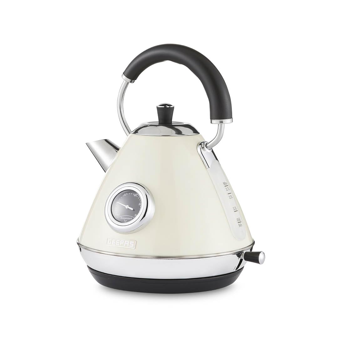 GEEPAS Retrovive 1.7L Electric Kettle | Vintage Cordless Stainless Steel Rapid Boil Jug Kettle for Hot Water Tea Coffee | Auto Shut-Off 360° Swivel Base Temp Gauge Boil Dry Protection | 3000W Cream