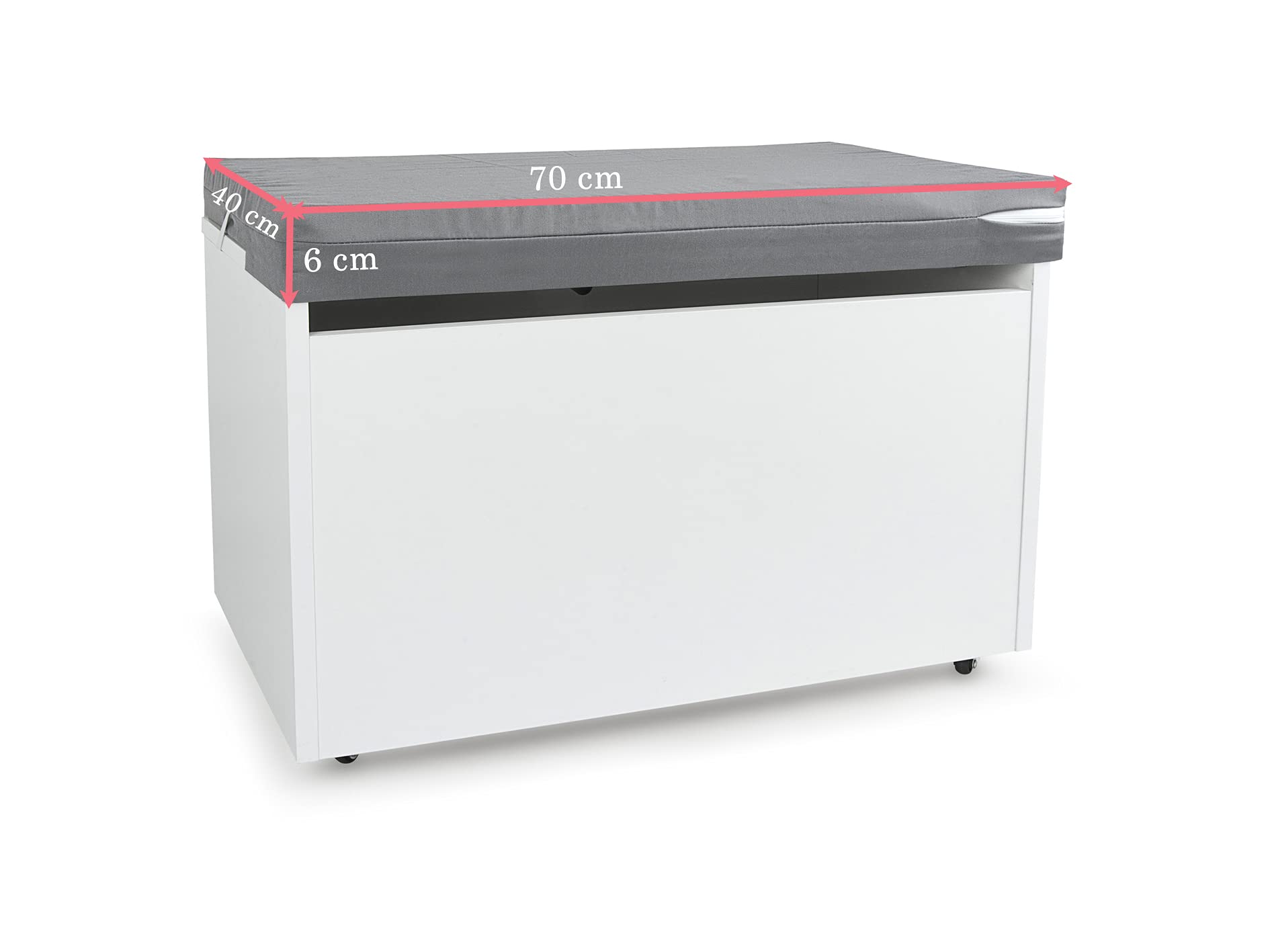 leomark Blanco Caja de madera banco XXL con almacenamiento para juguetes con Asiento, Baúl de juguetes sobre ruedas + Almohada - Cojín, Dim: 71 cm x 40 cm x 45 cm/WxDxH/