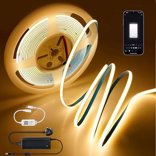 WiFi COB LED Strip Light 5M Warm White,Dimmable LED Strip Kit 384 LEDs/m,DC24V LED Tape Lights CRI90+ Music Sync Strip Lights for Kitchen Cabinet Bedroom,Compatible with Alexa/Google Home