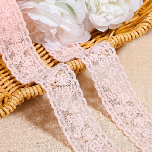 5 Yards Pink Lace Ribbon 3cm Wide Cotton Lace Trim Floral Embroidered Ribbon Vintage Pink Laces Fabric Decorative Trim for Sewing DIY Crafts Wedding Decor Home Decoration