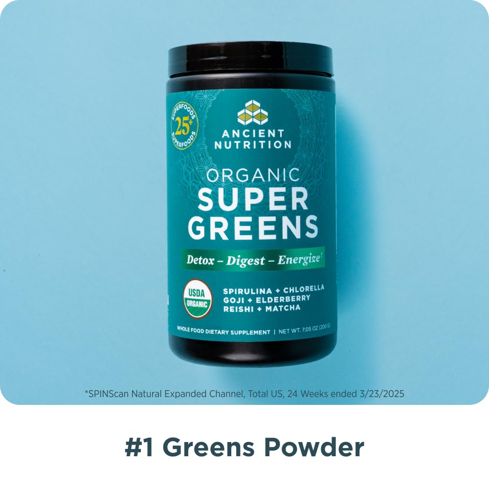 Ancient Nutrition Super Greens Powder, Organic Superfood Powder with Probiotics Made with Spirulina, Chlorella, Matcha, and Digestive Enzymes, 25 Servings, 7.05oz