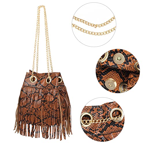 Felite Fnn Vintage Snake Print Bucket Bag for Women, Adjustable Chain Strap Crossbody Purse, Boho Chic Small Shoulder Bag4