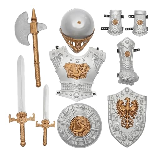 Alipis Kids Knight Armor Play Set Helmet Chest Plate Sword Axe Shield & Arm Guards Pretend Role-Play Medieval Knight Costume for Boys & Girls