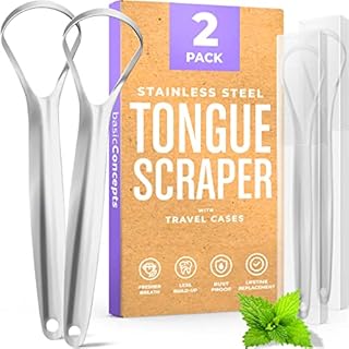 BASIC CONCEPTS Tongue Scraper (2 Pack), Reduce Bad Breath (Travel Cases Included), Stainless Steel Tongue Cleaners, 100% Metal Tongue Scrapers Fresher Breath