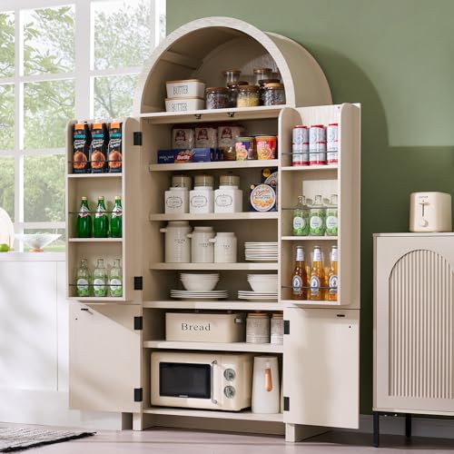 Image of IFGET 71 inch Tall Arched Kitchen Pantry, Modern Fluted Wood Storage Cabinet with Doors, 3 Adjustable Shelves, 6 Door Shelves, Organizer, Versatile Cupboard for Kitchen, Bathroom, Cream