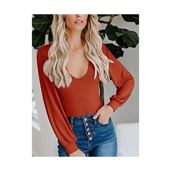 REORIA-Womens-Sexy-Deep-V-Neck-Double-Lined-Lantern-Long-Sleeve-Bodysuit-Tops-Jumpsuits Women’s Sexy Deep V Neck Lantern Sleeve Fitted Shirts Stretchy Double Lined Seamless Long Sleeve Bodysuits Leotards Jumpsuit Tops Orange Rust Medium