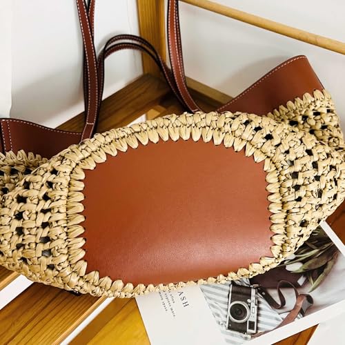 Bolso de playa de paja para mujer, bolso tote bohemio de verano con correa de PU miniatura 6
