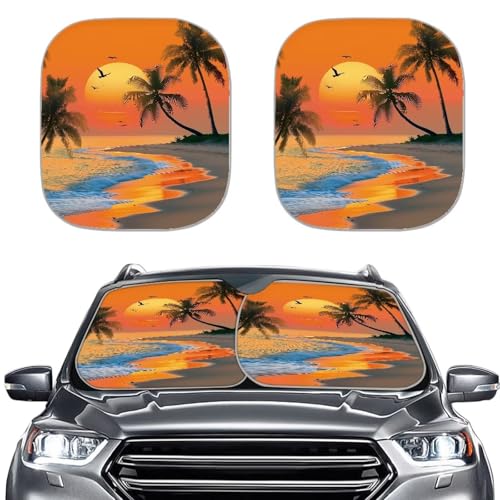 Image of Sunset Scenery Car Windshield Sun Shade 2 PCS Foldable Automotive Windshield Sunshades Easy to Install Sun Visor Blocks UV Rays and Keeps Vehicle Cool- 28.5 x 25.5 inches