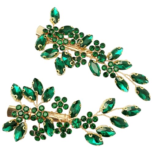 BETITETO Emerald Side Hair Clips 2pcs Bridal Green Rhinestone Gold Vine Hair Pieces Accessories for Wedding Women Party