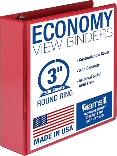 Samsill 3 Inch 3 Ring Binder, Economy Round Ring, Clear View Cover, 550 Sheet Capacity - for School, Home, Office - Ruby Red