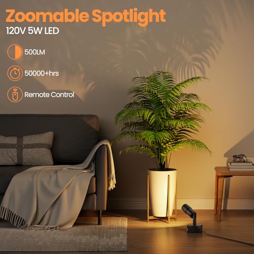 Image of Zoomable LED Spot Lights Indoor Uplighting with Remote & Timer, 5W Up Lights Indoor Dimmable Plant Spotlight Uplights Accent Lighting, Floor Spotlight Lamp with 5.9FT Plug Cord - Black 2 Pack