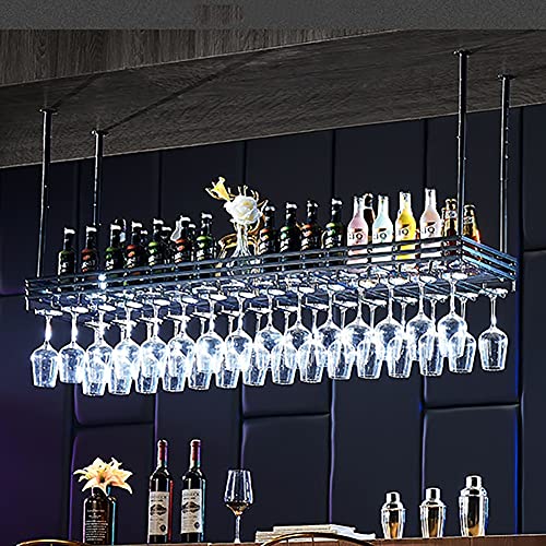 LUCEAE Estante de vino colgante de techo para copas de vino, estilo europeo, soporte para botellas de vino, decoración de loft, estante para copas para bar/negro/80 x 35 cm