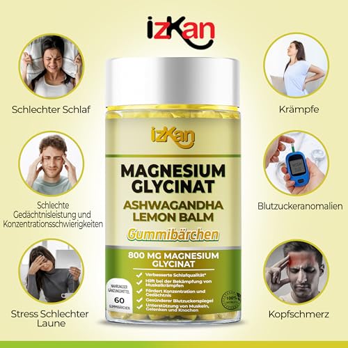 Magnesiumglycinat-Gummibärchen 1600 mg zuckerfreies Magnesiumpräparat mit Ashwagandha, Zitronenmelissenextrakt und CoQ10 für eine ruhige Stimmung und Muskeln, Schlafunterstützung 60 Gummibärchen (1)