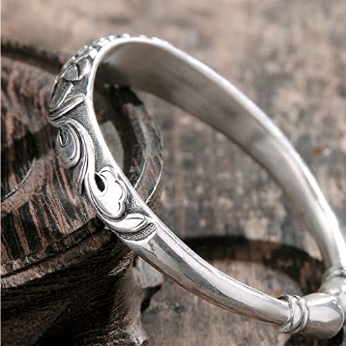 Feinny Vintage Peony Flower Cuff Bangle, Adjustable 999 Sterling Silver Handmade Sculpture 45G Heavy Wristband Bracelet, Men Women Charm Ethnic Jewelry Arm Ring #TOP2