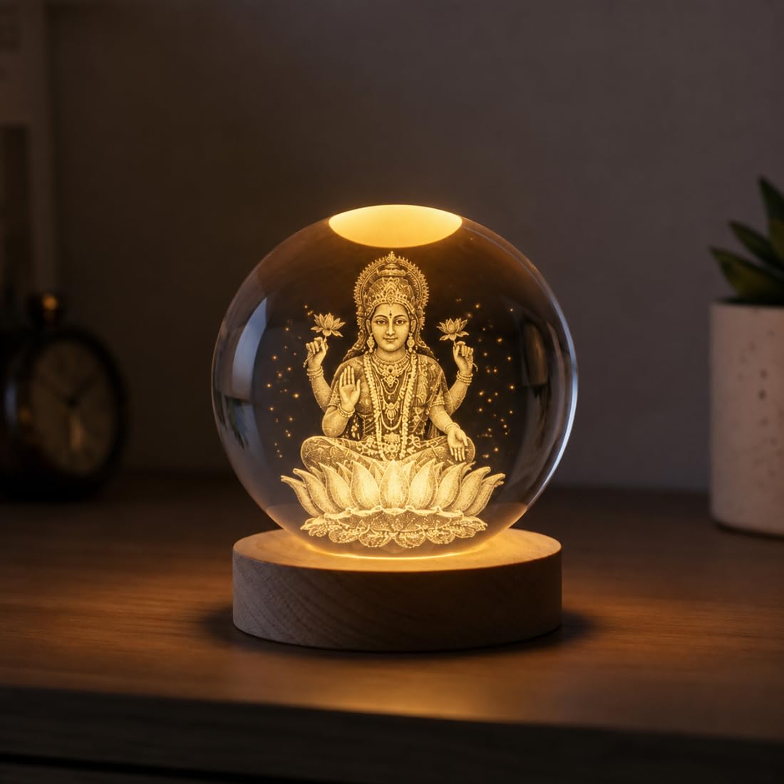 Goddess Lakshmi Crystal Ball Night Light with Wooden Base | Warm LED Glow, Safe for Kids, 3D Engraved Crystal, Home Decor & Puja, Low Power Consumption-image-30