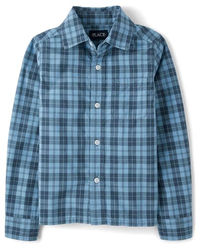 The Childrens Place Boys Long Sleeve Button Down Shirts Pearl Blue Plaid Large