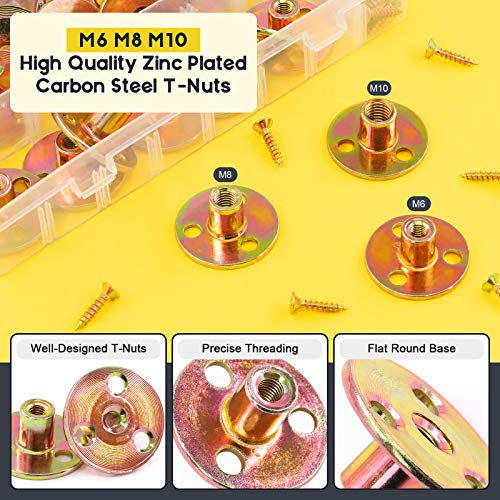 120Pcs Brad Hole Tee Nut with Screws Assortment Kit M6 M8 M10 Carbon Steel T-Nuts Zinc Plated Round Base Female Thread Screw-in Furniture Hardware
