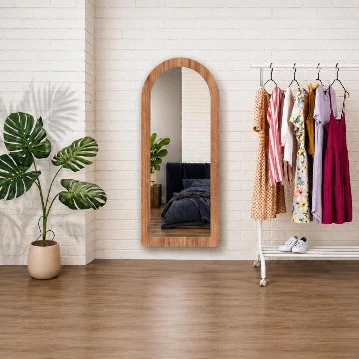Image of Creative Arts n Frames 18x42 inch Long Wooden Irregular Curve Zigzag Shape Wall Hanging Wall Mount Full Length HD Mirror Home Decor Items (Natural Iqurel Oak Arch 18x42 inch Mirror)