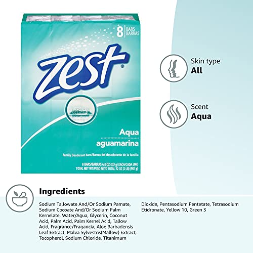 Image of Zest 8-Bar Bath Size Soap, Aqua, 4 Ounce per bar, 8 bars, 32 Ounce (Pack of 6)