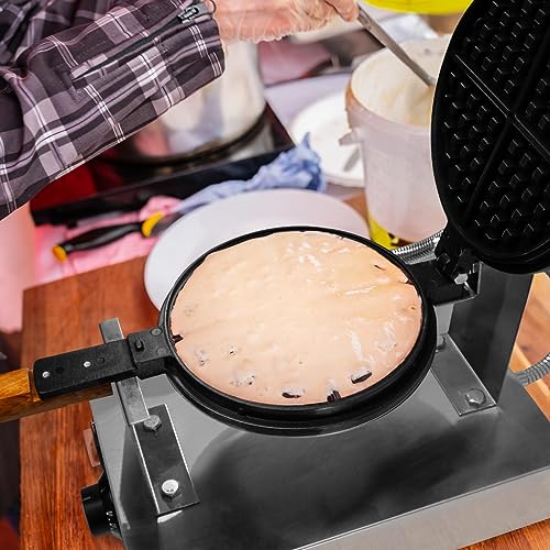 KuKoo Single Waffle Maker Machine Rotating Round Deep Fill Non-Stick Iron Plates Electric 1000W 50-250°C Automatic Temperature 1-5 Minute Timer Commercial Stainless Steel Cool Touch Handle FREE Tongs - Image 5