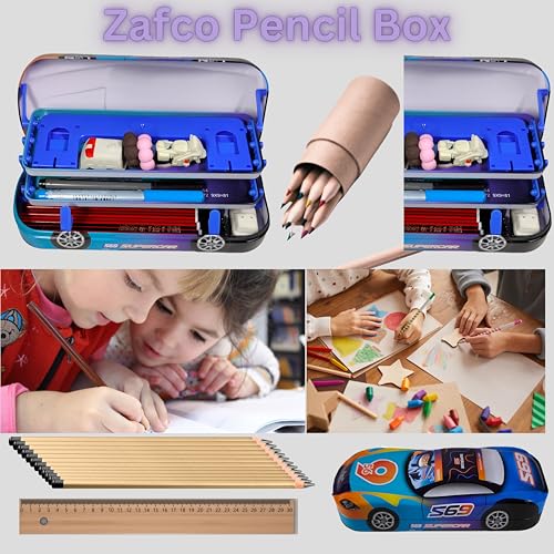 Image of ZAFCO Metal Pencil Box for Boys | Compass for Kids | Pen Box for Students | Geometry for School | Car Theme | Birthday Return Gift 1 Unit (Blue)