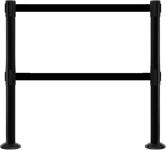 CCW Set of 2 Retractable Dual Belt Barrier Stanchions | Fixed Base, Black Post, FBB-100D