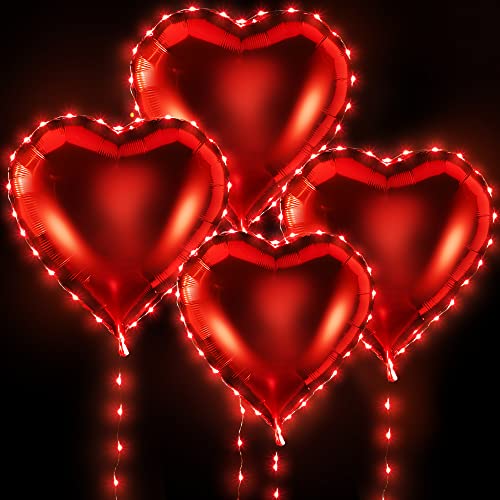 4 Packs Light up Balloons with 8 Lighting Modes, 22 Inch Valentines Red Heart Shaped Aluminum Foil Balloons with 10ft Red Led String Lights for Valentines Day Wedding Engagement Party Decoration