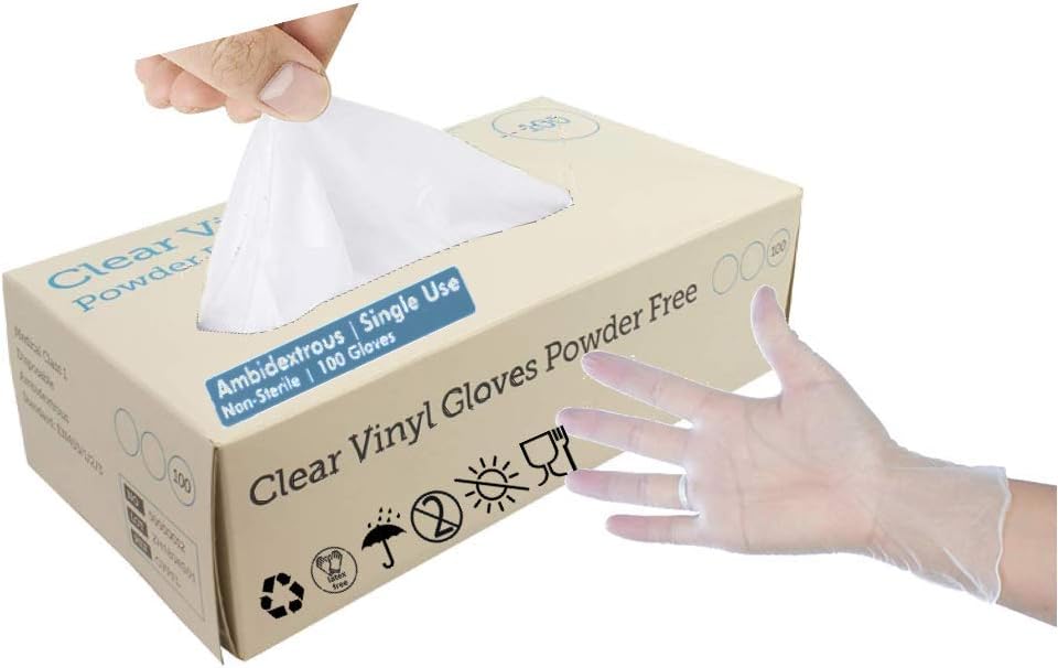 100 (1 Box) x Clear Vinyl (Latex & Powder Free) Gloves Disposable Safety Food Catering Cleaning etc.. (Medium)