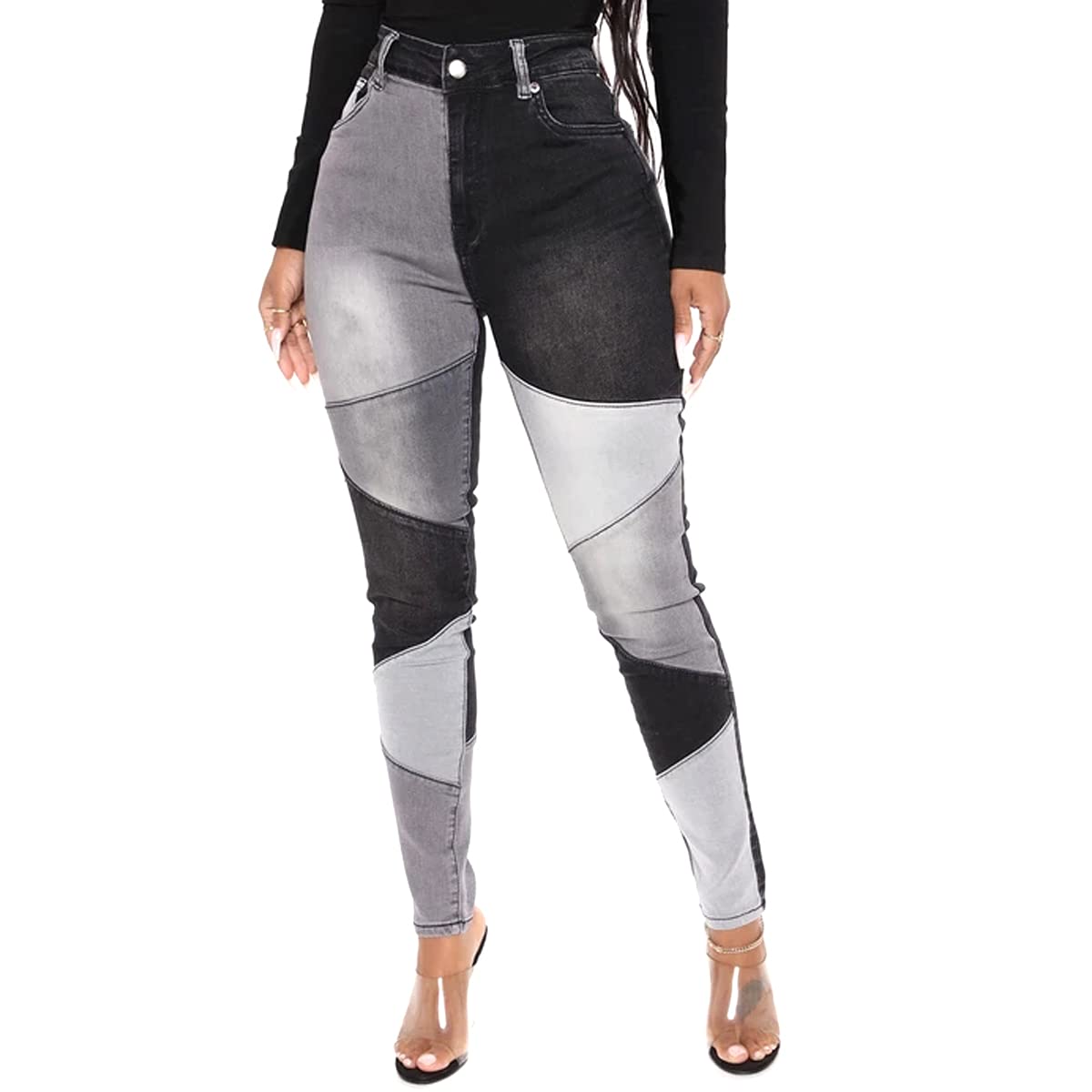 vanberfiaWomen Mid Waist Stretchy Patchwork Denim Pants Jeans