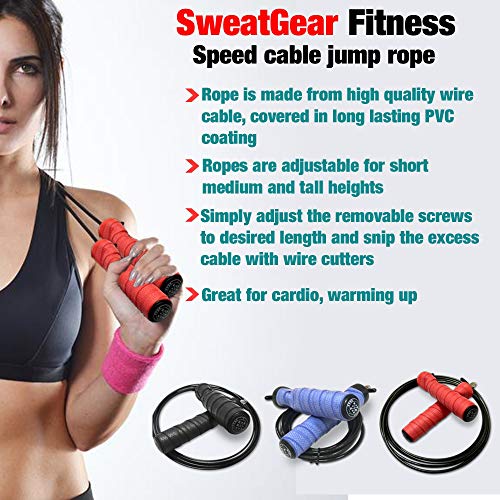Fast Speed Jump Rope & Bag, Noslip Grip, Ball Bearing Handles, Adjustable, Thick Weighted Wire Cable By Sweatgear, Boxing, Crossfit, Wod, Martial Arts, Weight Loss, Double Under, Enhance Your Fitness! #TOP2