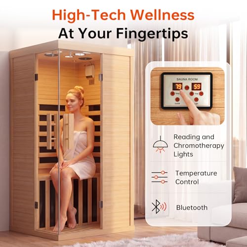 Wood Infrared Sauna for Home, Infdoor Home Sauna with Red Light, 1 Person Infrared Sauna, Chromotherapy Light, Hemlock, Low EMF Far Infrared, Blutooth Speakers, 33.4'' x 33.4'' x 70'' - Image 5