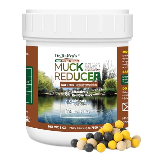 Dr.Raifya's Muck Reducer - 8 OZ - Natural Pond Sludge Solution, Effectively Removes Muck in Koi Pond, Bird Baths, Fountains & Turtle Ponds, Beneficial Bacteria Safe for Fish & Wildlife, Easy