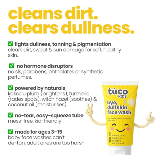 Image of Tuco Kids Face Wash | Perfect for Dull Skin | Infused with Turmeric, Kakadu Plum, Rosehip Oil, Safflower Oil, Witch Hazel | Ages 2-5, 4-10, 10-15, 5-10 Years | Paraben, Sulphate Free |100 mlPack of 2